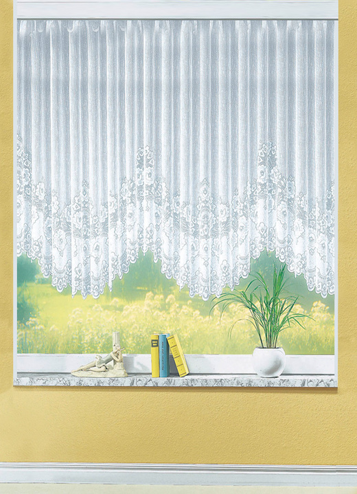 Klassisk - Blomsterfönstergardin, jämnt böjd, med veckat band, i storlek 052 (H120xW300 cm) till 115 (H145xW900 cm), i färg VIT Utsikt 1