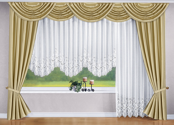 Klassisk - Blomsterfönstergardin med universellt skenband, i storlek 052 (120x300cm) till 115 (145x900cm), i färg VIT Utsikt 1