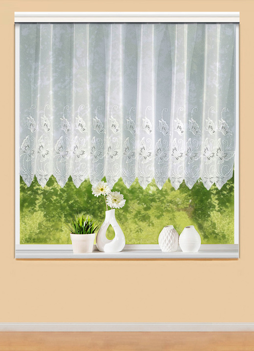Klassisk - Spetsgardin med Plauener-broderi, i storlek 050 (90x300 cm) till 161 (175x600 cm), i färg VIT Utsikt 1