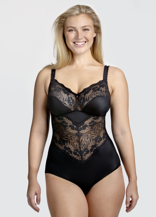 Korsetter - Miss Mary byxkorselett med elastiska spetsinlägg, i storlek 075 till 105, i kopp D, i färg SVART Utsikt 1