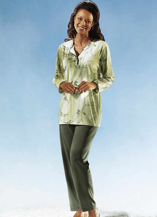 Lång- & kortärmade pyjamasar - Pyjamas, långärmad med knappslå, i storlek 036 till 060, i färg PISTACHIO FÄRGRIK Utsikt 1