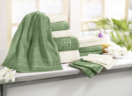 Terry handdukserie med meander jacquard struktur