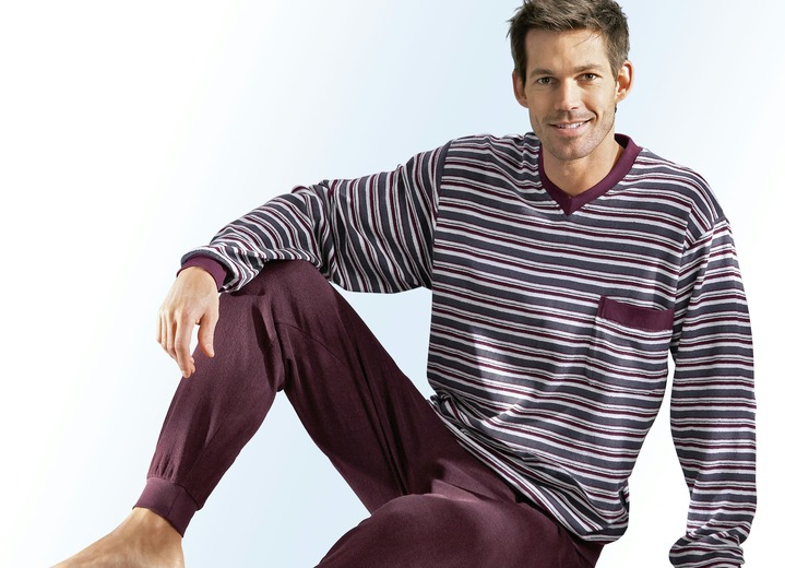 Pyjamasar - Pyjamas med muddar, V-ringning och garnfärgat randmönster, i storlek 046 till 060, i färg CHIANTI Utsikt 1