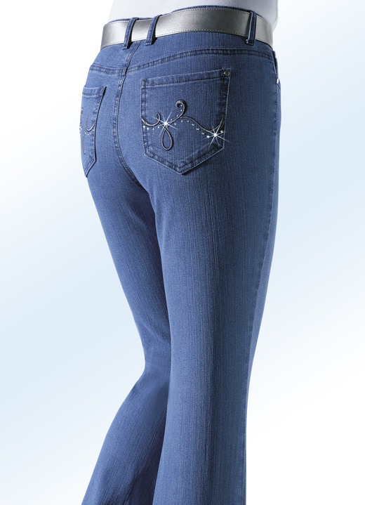 Byxor med knapp & dragkedja - Jeans dekorerade med glittrande strass, i storlek 018 till 088, i färg JEANS BLÅ Utsikt 1
