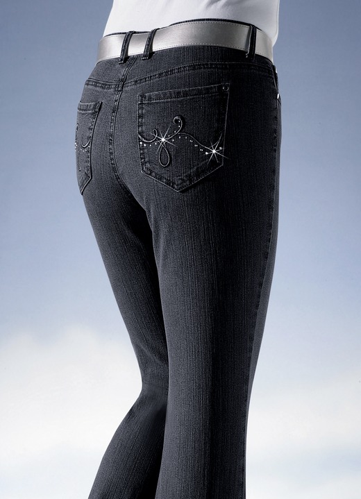 Byxor med knapp & dragkedja - Jeans dekorerade med gnistrande strass, i storlek 018 till 088, i färg SVART Utsikt 1