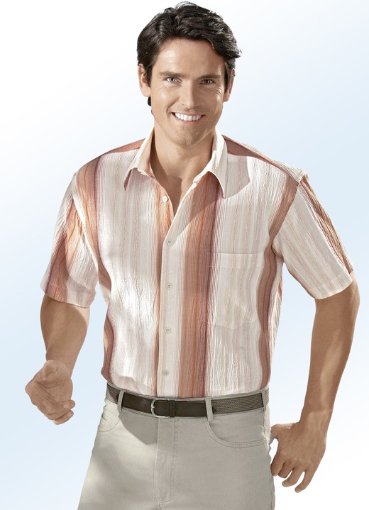 Fritidsskjortor - Seersucker skjorta med vacker randig design, i storlek 3XL (47/48) till XXL (45/46), i färg ECRU-SALMON-APRICOT-TERRACOTTA RANDIG