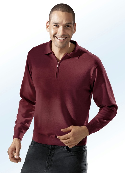 Tröjor & stickat mode - Bekväm tröja med tenniskrage i 4 färger, i storlek 046 till 062, i färg VIN, RÖD Utsikt 1