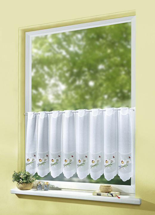 Korta gardiner - Kort persienn med vackra prästkragemotiv, i storlek 788 (H45xB 98 cm) till 858 (H60xW155 cm), i färg VIT Utsikt 1