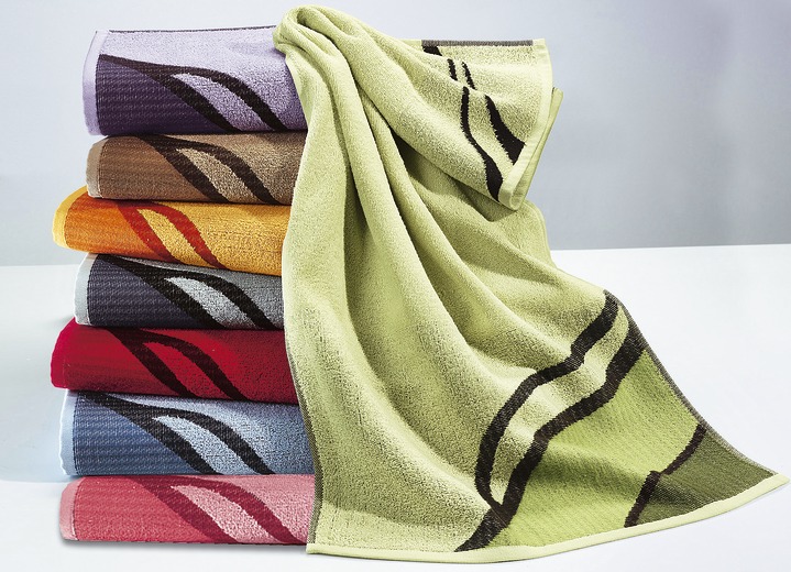 Handdukar - Frottéserie med en snygg, diagonal vågdesign, i storlek 200 (1 handduk, 50/100 cm) till 208 (ekonomiuppsättning, 5 delar), i färg GRÖN