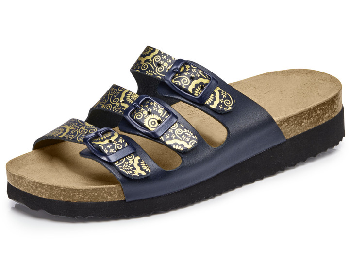 Sandaletter & slip in-skor - Klassiska damslippers med justerbara remmar, i storlek 036 till 042, i färg MARIN GULD Utsikt 1