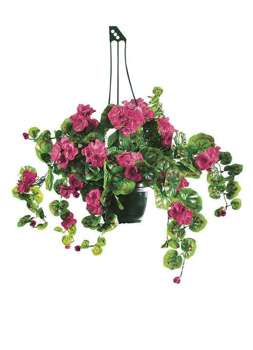 Trädgårdsdekoration - Pelargon hängande korg med bedrägligt verkliga pelargoner, i färg ROSA Utsikt 1