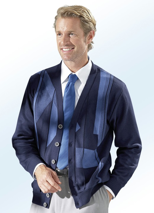 Tröjor & stickat mode - Cardigan med jacquarddesign på framsidan, i storlek 046 till 062, i färg NAVY AZURE