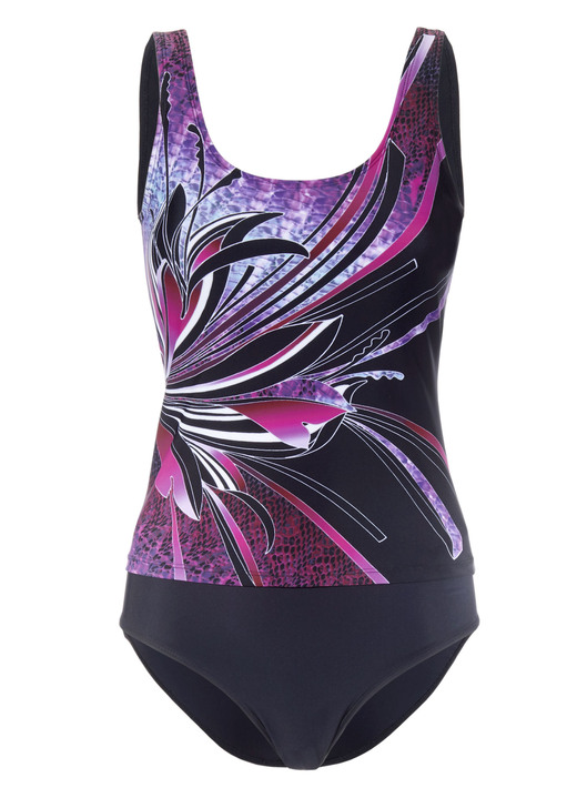 Tankinis - Pacific Fashion tankini med placerad tryckdesign och mjuka kupor, i storlek 038 till 052, i kopp B, i färg SVART BÄR Utsikt 1