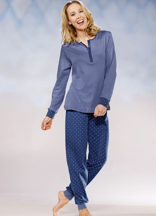 Lång- & kortärmade pyjamasar - Interlock-pyjamas, knappslå och ärmslut, i storlek 032 till 050, i färg INDIGO LJUSBLÅ Utsikt 1