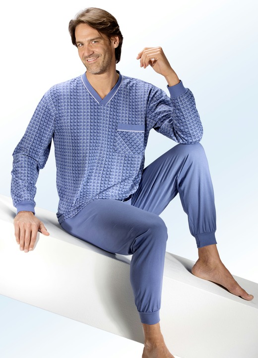 Pyjamasar - Pyjamas med V-ringning, bröstficka och muddar, i storlek 048 till 068, i färg DENIM BLÅFÄRGIG