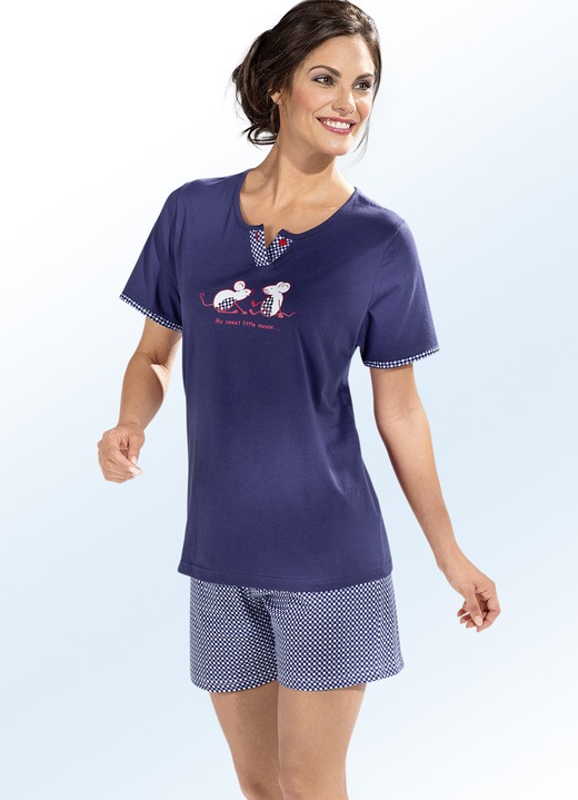 Lång- & kortärmade pyjamasar - Korta, korta ärmar med placerat tryck, i storlek 034 till 050, i färg MARINVIT