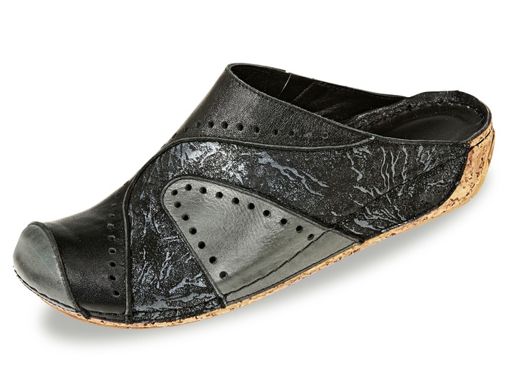 Sandaletter & slip in-skor - Tvillingträskor gjord av skuggat, delvis präglat kohudsnappaläder, i storlek 036 till 042, i färg SVART-GRÅ