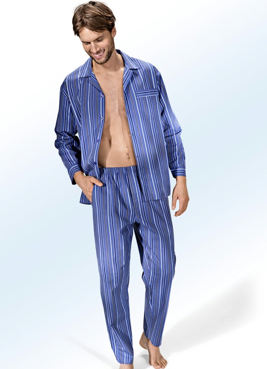 Pyjamasar - Pyjamas, hel knäppning, i vävt tyg med randmönster, i storlek 046 till 060, i färg DENIM BLÅFÄRGIG Utsikt 1