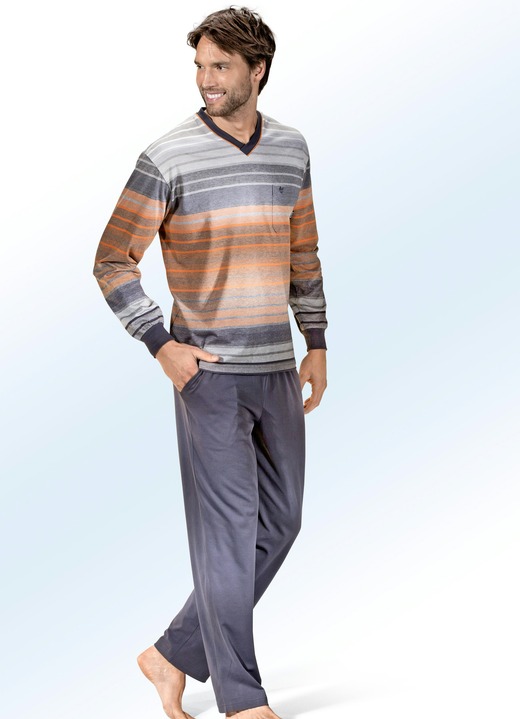 Pyjamasar - Temperaturreglerande pyjamas med V-ringning från Hajo med garnfärgat randmönster, i storlek 046 till 060, i färg GRAFITFÄRGAD