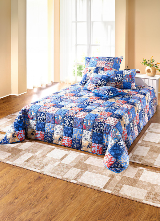 Prydnadskuddar & överdrag - Överkast och kuddfodral i patchworkdesign av bomull, i storlek 873 (för enkelsäng, 140x210 cm) till 926 (örngott, 80x 80 cm), i färg BLÅ Utsikt 1