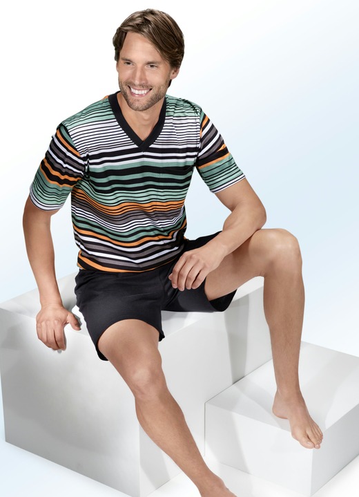 Kortärmade pyjamasar - Shorty med V-ringning, bröstficka och randig design, i storlek 046 till 060, i färg GRÖN-ORANGE-SVART Utsikt 1