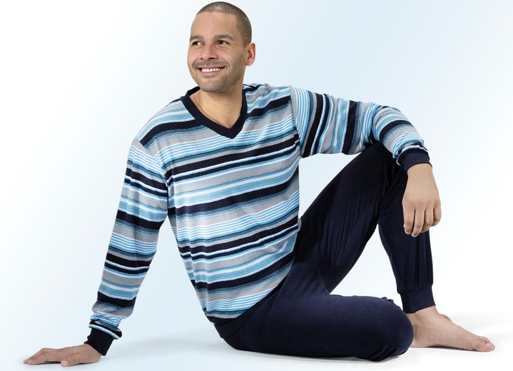 Pyjamasar - Pyjamas i stretchfrotté med muddar, V-ringning och garnfärgat randmönster, i storlek 046 till 060, i färg MARIN TURKOS