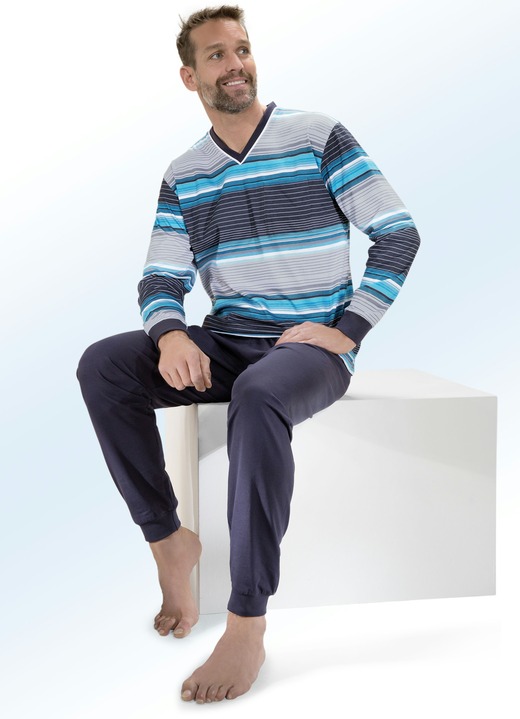 Pyjamasar - Pyjamas med randmönster, V-ringning och bröstficka, i storlek 046 till 062, i färg GRÅ-TURKOS-BLÅ-VIT Utsikt 1