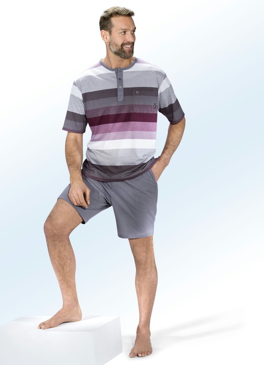 Kortärmade pyjamasar - Bekväm, temperaturreglerande kortärmad pyjamas från hajo med garnfärgat randmönster, knappslå och bröstficka, i storlek 046 till 062, i färg GRAFITBÄR