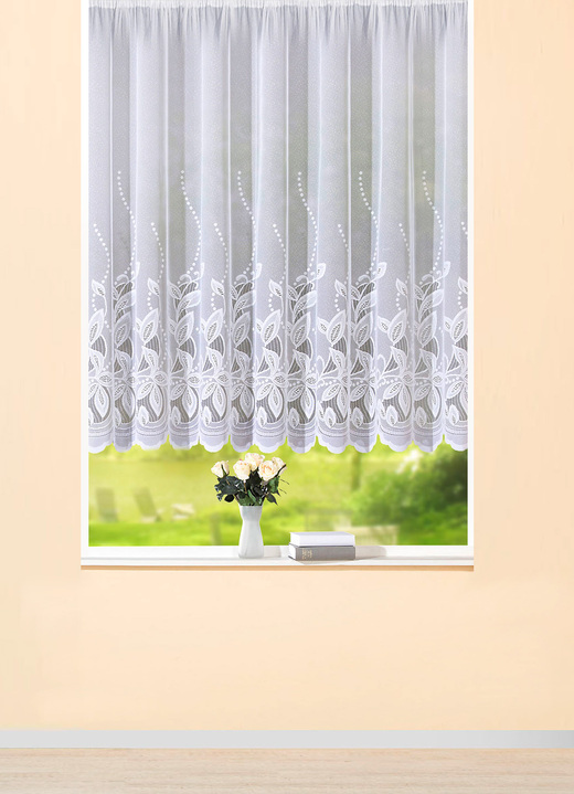 Klassisk - Blomsterfönstergardin med böjd finish, i storlek 136 (H120xW250 cm) till 174 (H160xW500 cm), i färg VIT Utsikt 1