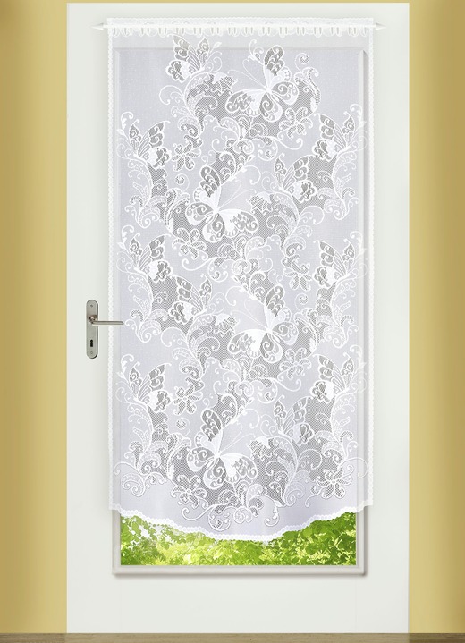 Korta gardiner - Fönster- och dörrhäng med böjda gavlar, i storlek 309 (Hängande fönster, set om 2, H 80xW40 cm) till 349 (Dörr hängande, H180xW90 cm), i färg VIT