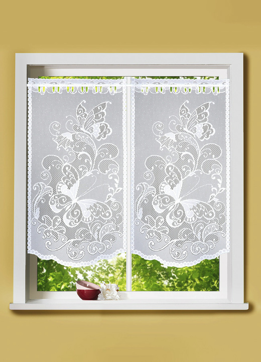 Korta gardiner - Fönster- och dörrhäng med böjda gavlar, i storlek 309 (Hängande fönster, set om 2, H 80xW40 cm) till 349 (Dörr hängande, H180xW90 cm), i färg VIT Utsikt 1