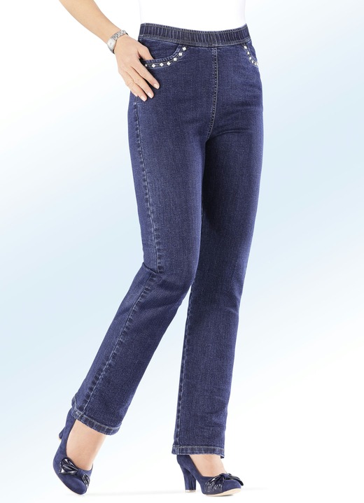 Byxor med resårlinning - Jeans i bekväm dra-på-modell, i storlek 019 till 058, i färg MÖRKBLÅ Utsikt 1