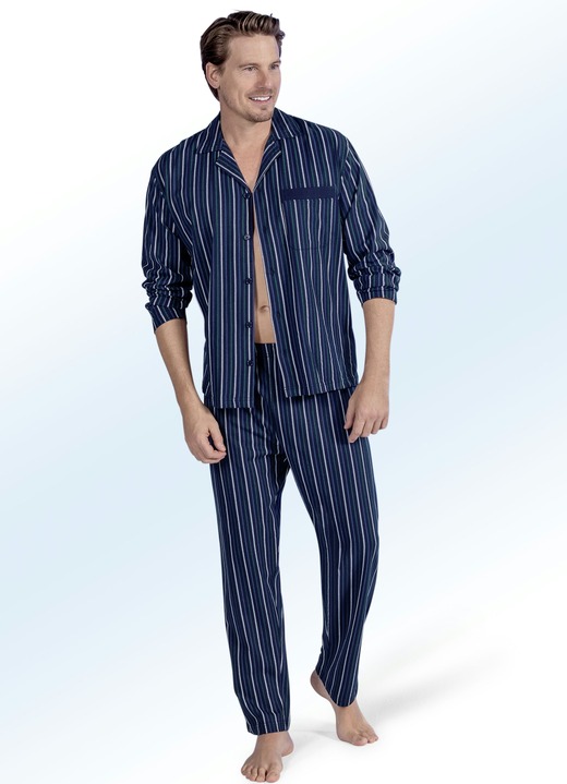 Pyjamasar - Pyjamas med randmönster, krage med slag, hel knappslå och bröstficka, i storlek 048 till 064, i färg GRAN GRÖN-INDIGO