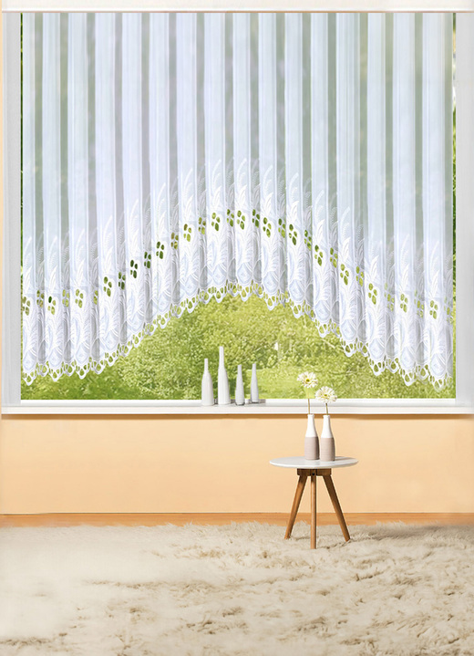 Klassisk - C-formad spetsgardin med högkvalitativt Plauener-broderi, i storlek 065 (H125xW300 cm) till 167 (H175xW900 cm), i färg VIT Utsikt 1