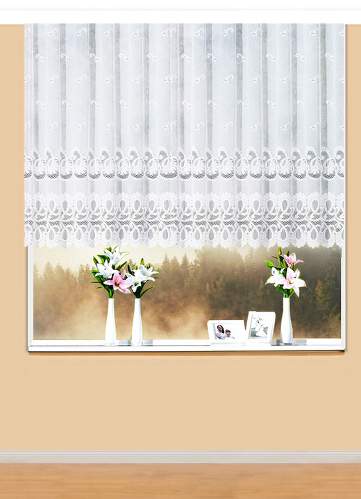 Klassisk - Blomsterfönstergardin med automatiska veck, i storlek 140 (H120xW300 cm) till 181 (H175xW600 cm), i färg VIT Utsikt 1