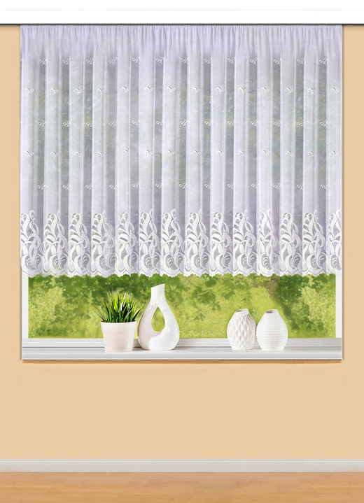 Klassisk - Blomsterfönstergardin med universellt skenband, i storlek 140 (H120xW300 cm) till 179 (H175xW450 cm), i färg VIT Utsikt 1