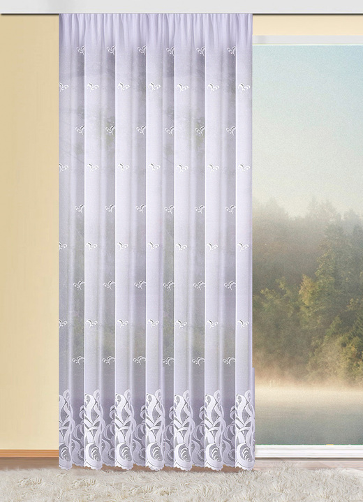 Klassisk - Lång gardin med universalskeneband, i storlek 236 (H225xW300 cm) till 298 (H245xW600 cm), i färg VIT Utsikt 1