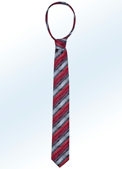 Tillbehör - Uttrycksfull, randig slips, i färg VINRÖD-MÖRKGRÅ-MELLANGRÅ-RÖD RANDIG Utsikt 1