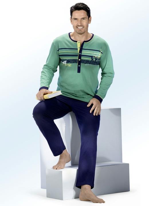 Pyjamasar - Pyjamas med lång knappslå, randig design och placerat tryckmotiv, i storlek 046 till 106, i färg GRÖN-NAVY