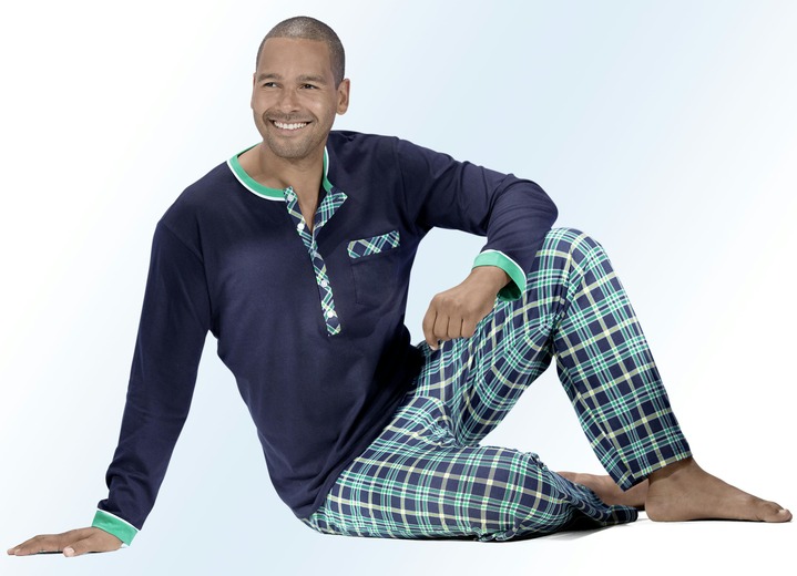 Kortärmade pyjamasar - Prisvärt paket: Pyjamas och kortbyxor med lång knappslå, bröstficka och rutig design, i storlek 046 till 060, i färg MARIN GRÖN Utsikt 1
