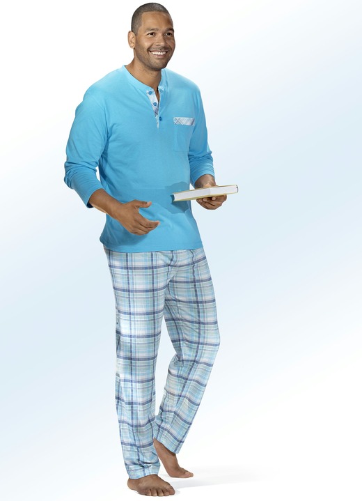 Pyjamasar - Pyjamas med knappslå, patchad bröstficka och rutigt mönster, i storlek 046 till 060, i färg TURKOS-MINT-JEANS-BLÅ