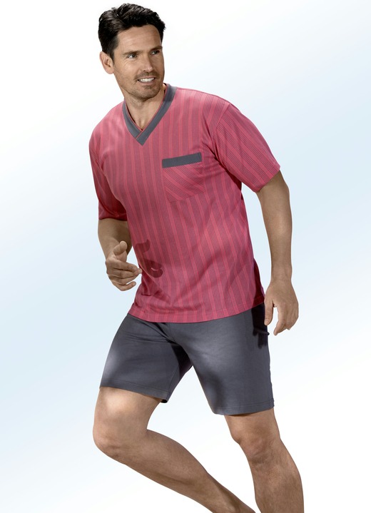 Kortärmade pyjamasar - Shorty med randig design, V-ringning och bröstficka, i storlek 046 till 064, i färg KORALL-GRAFIT