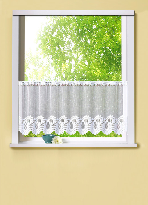 Korta gardiner - Korta persienner med jacquardstångsgenomdragning, i storlek 660 (30x100 cm) till 876 (50x150 cm), i färg VIT Utsikt 1