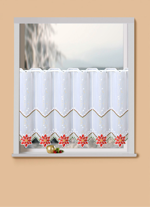 Korta gardiner - Kort persienn med blommig julstjärna, i storlek 825 (H35xB 95 cm) till 862 (H55xW160 cm), i färg VIT RÖD Utsikt 1