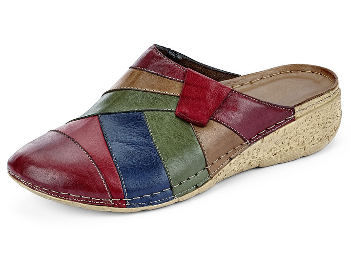 Sandaletter & slip in-skor - Tvilling-träskor tillverkad av skuggigt kohudsnappaläder, i storlek 036 till 042, i färg BORDEAUX-MULTICOLOR