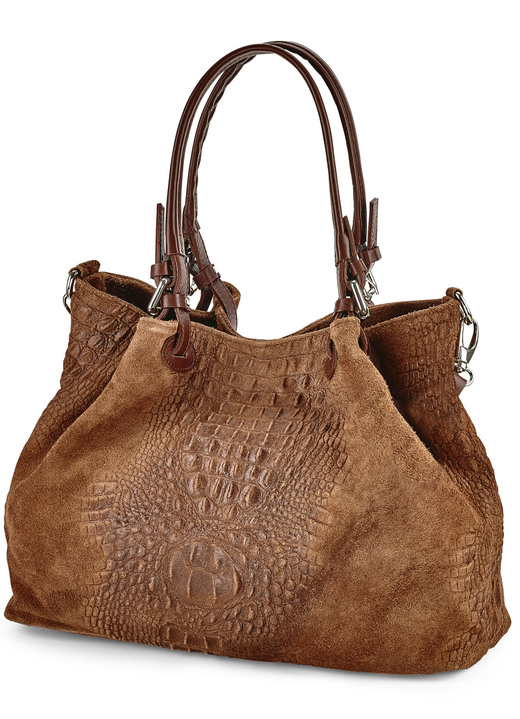 Väskor för kvinnor - Laurinaväska av kalvmocka med sofistikerad reptilprägling, i färg COGNAC Utsikt 1