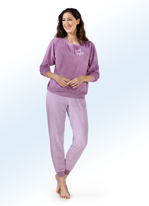 Lång- & kortärmade pyjamasar - Pyjamas i stretchfrotté med knappslå, i storlek 034 till 052, i färg MAUVE ECRU Utsikt 1