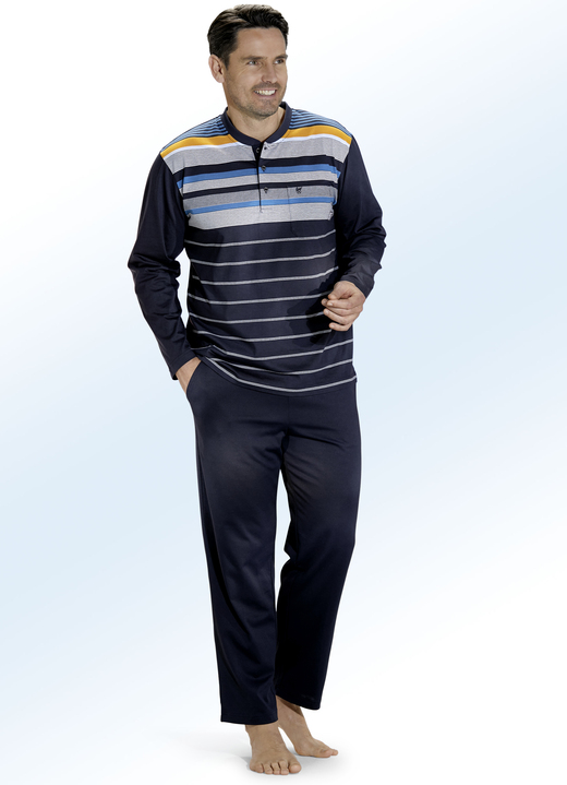 Pyjamasar - Hajo Klima komfortpyjamas med knappslå och garnfärgad randig design, i storlek 046 till 062, i färg MARIN FÄRGERIGT