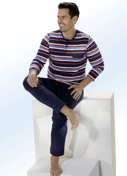 Pyjamasar - Två paket pyjamas med knappslå och garnfärgad randig design, i storlek 046 till 062, i färg 1X BLÅ-ORANGE, 1X GRÅ-MINT Utsikt 1