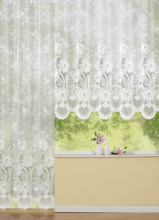 Klassisk - Blomsterfönstergardin med automatisk vecktejp 1:3, i storlek 140 (H120xW300 cm) till 181 (H175xW600 cm), i färg VIT Utsikt 1